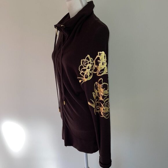 Cache Jacket Large L Womens Vintage Floral Knit Zipper Front Brown Gold Metallic - Picture 10 of 14